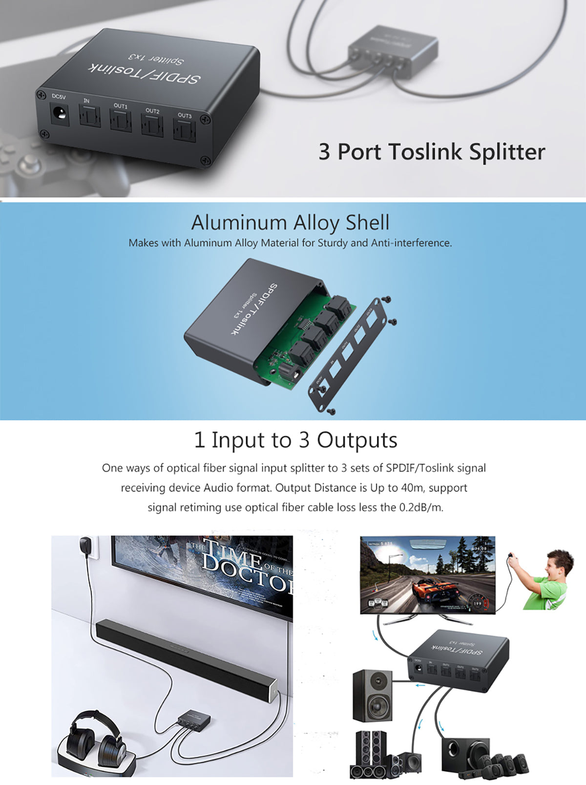 eSynic 1X3 SPDIF Toslink Optical Digital Audio Splitter Aluminum Alloy 1 in 3 Out