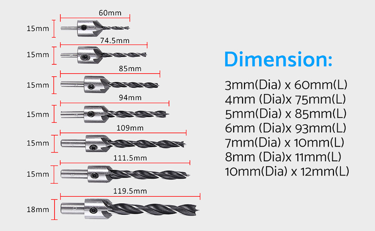 eSynic 7pcs HSS 5 Flute Countersink Woodworking Drill Bit Set