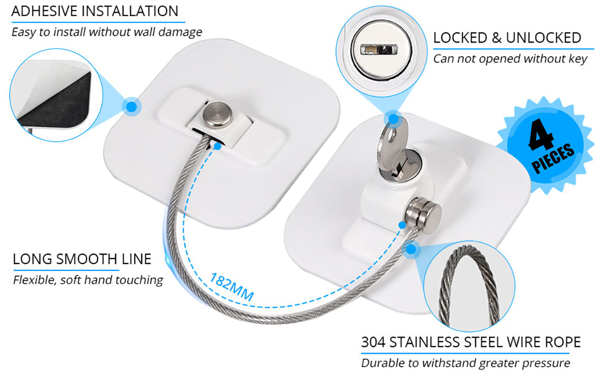 eSynic 4Pcs Refrigerator Door Lock Fridge Door Lock with Key Cable - White