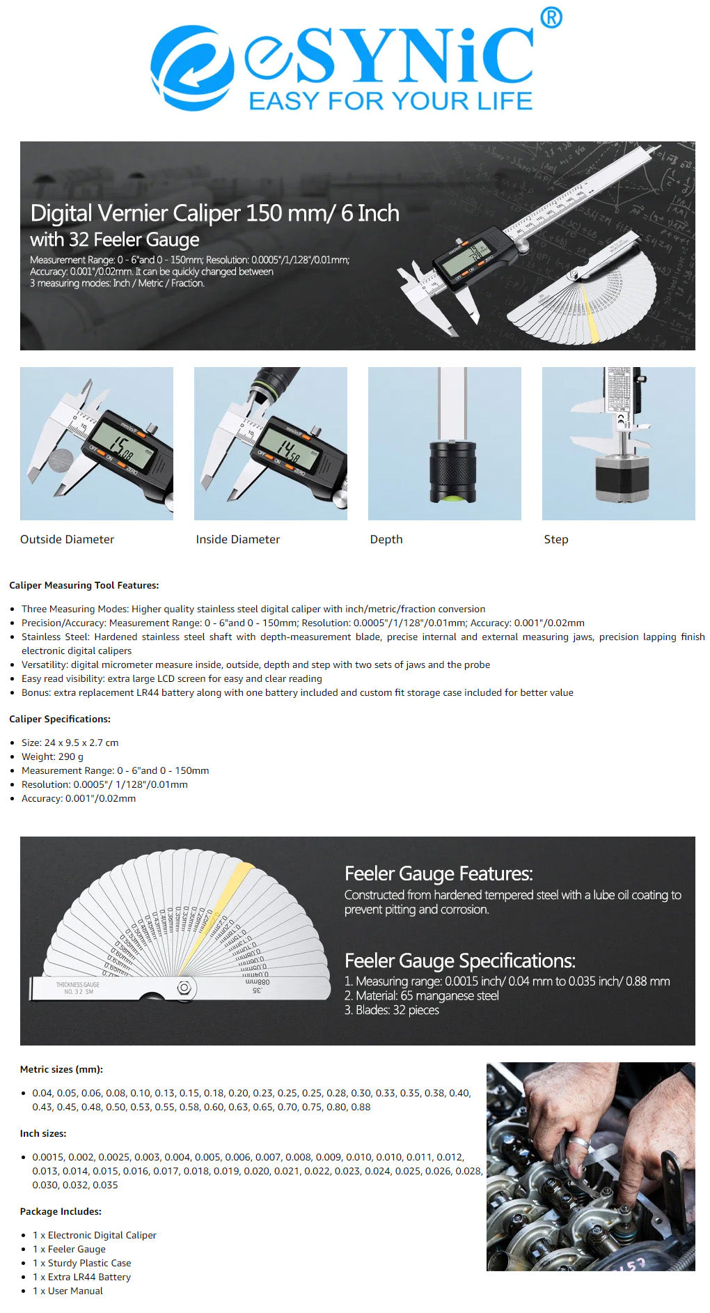 eSynic Vernier Caliper 150mm/6Inch + Feeler Gauge Stainless Steel