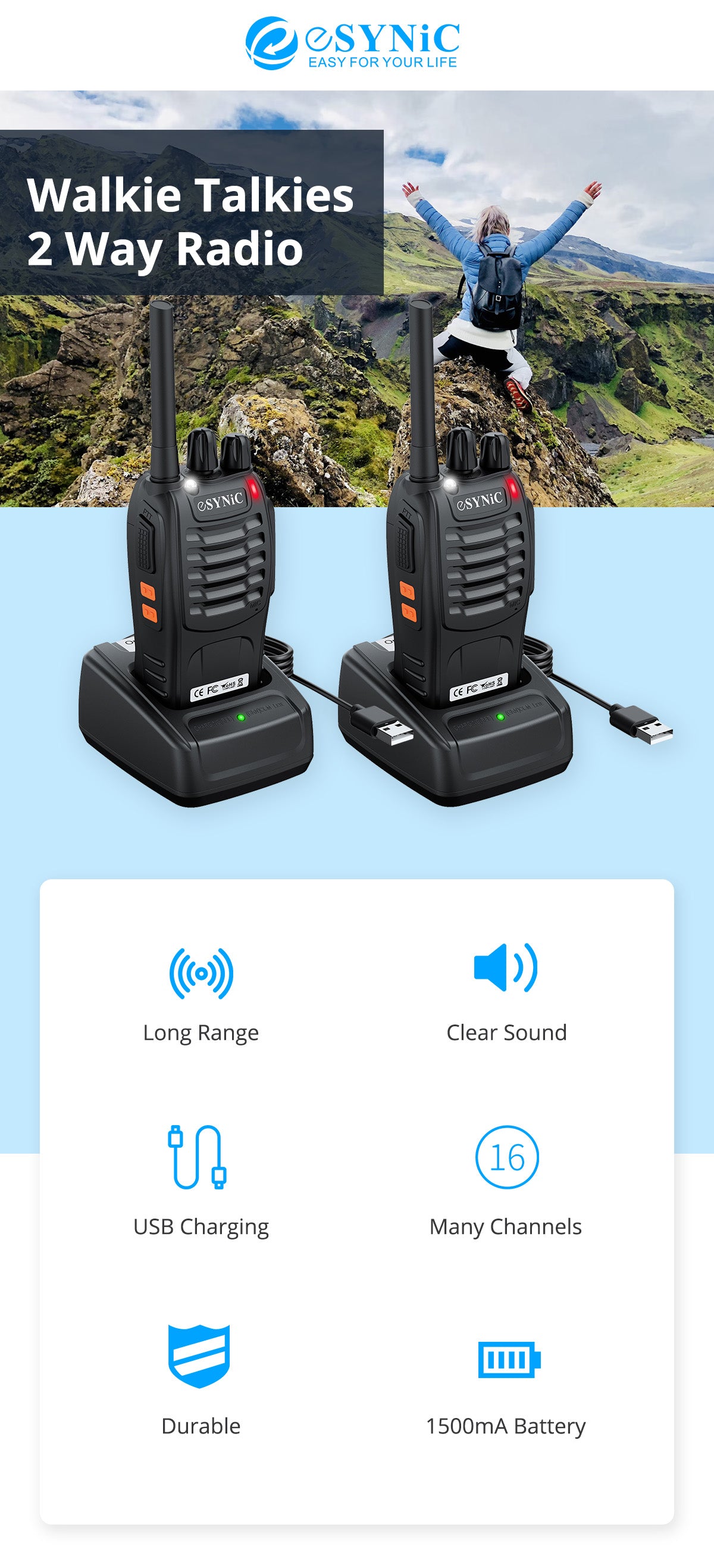 eSynic 2Pcs Professional Rechargeable Walkie Talkies Way Radio – esynic