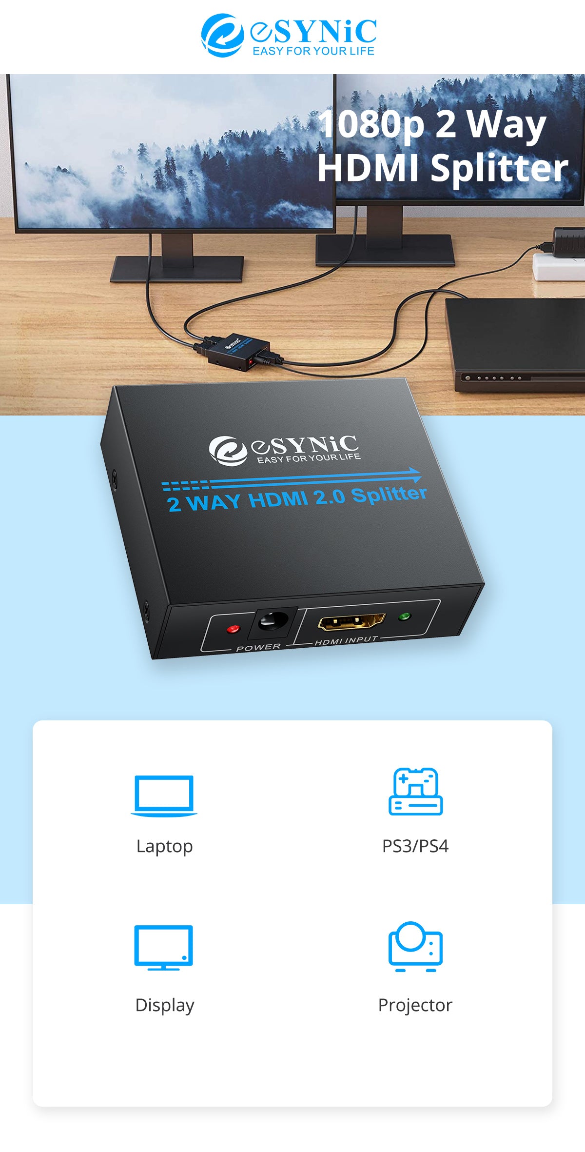 eSynic 1080p 2 Way HDMI Splitter
