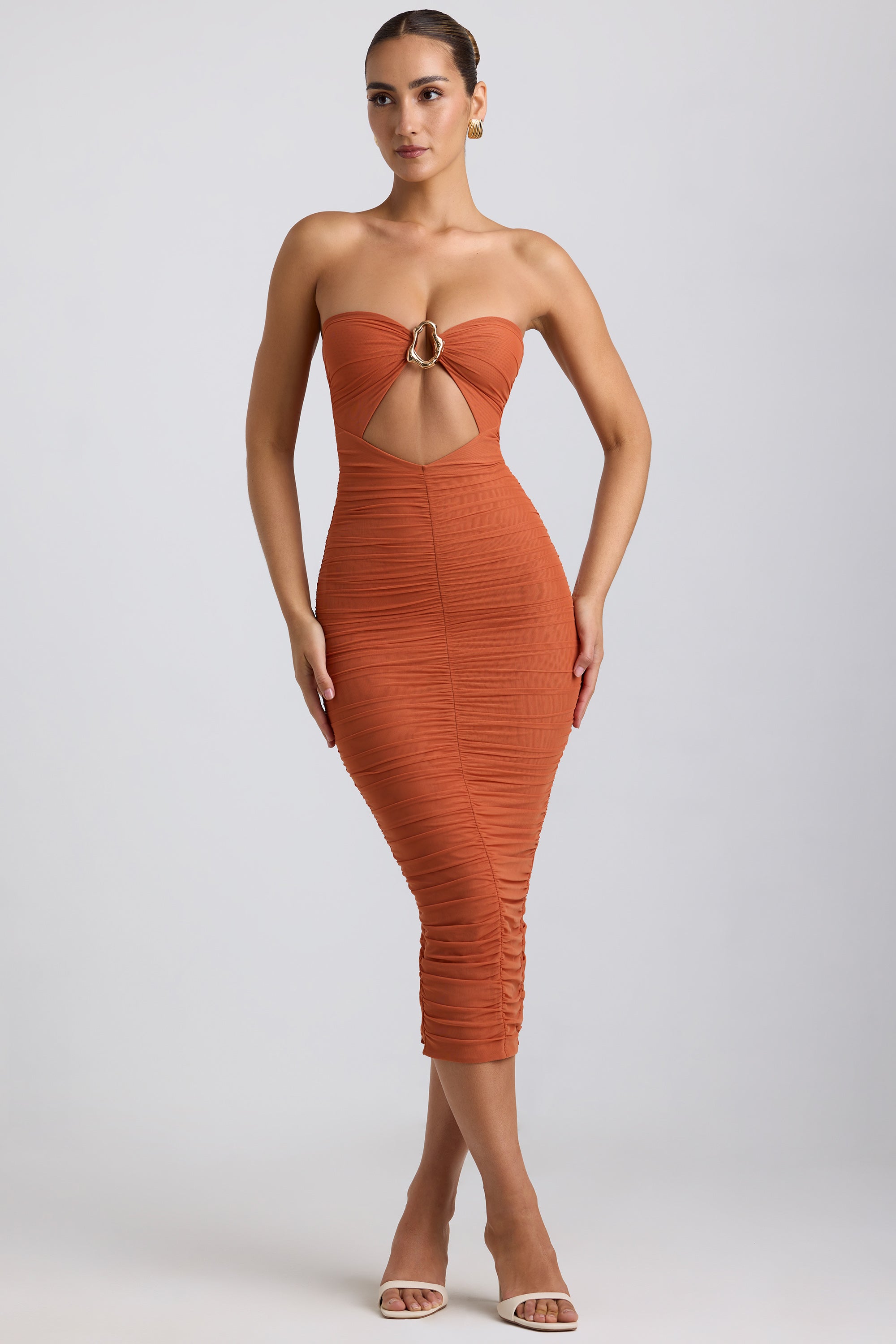 Ruched Hardware Detail Strapless Midaxi Dress in Burnt Orange