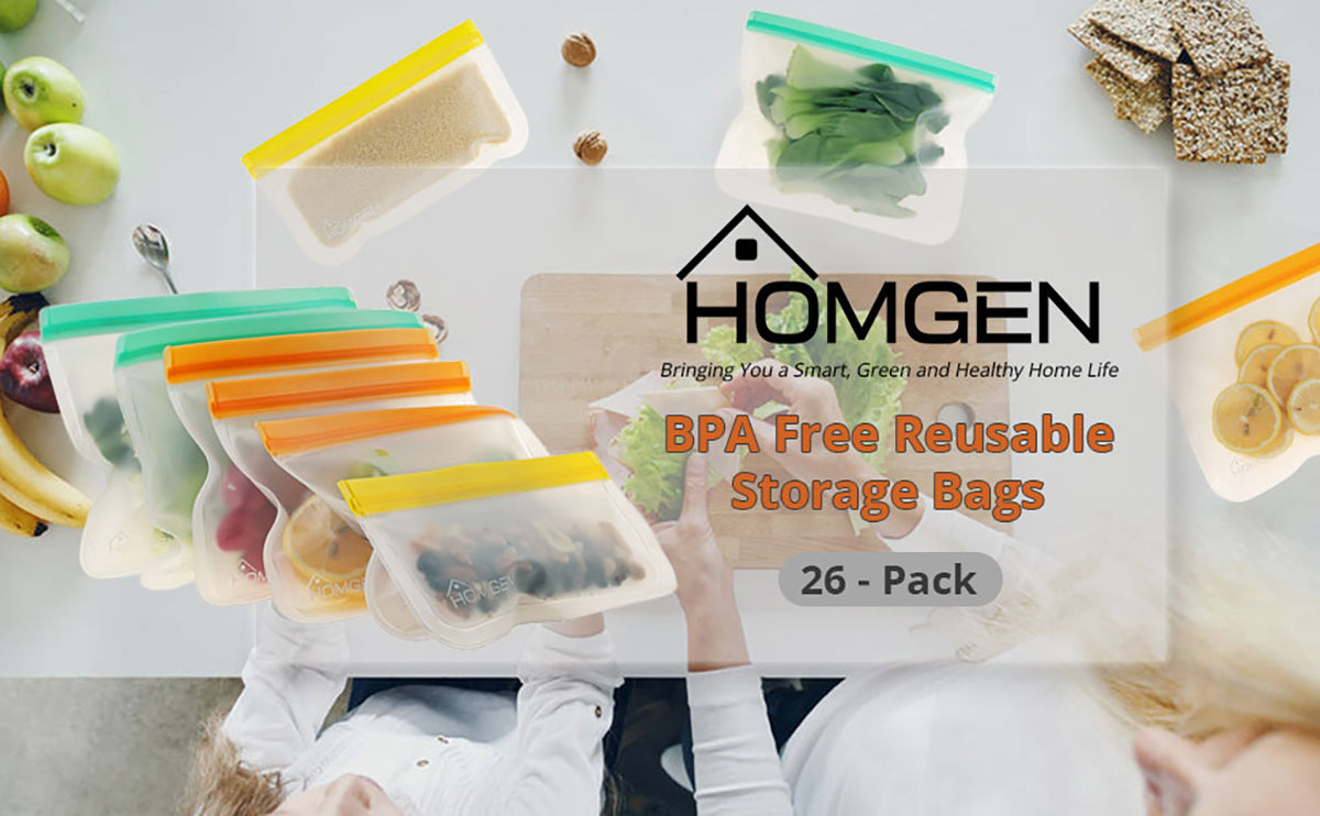 HOMGEN 26Pcs BPA Free PEVA Fridge Reusable Storage Bags