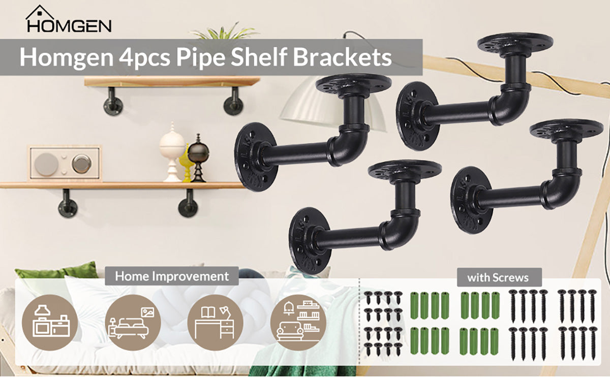 HOMGEN 4Pcs Industrial Pipe Floating Shelf Brackets (15 X 8 cm)