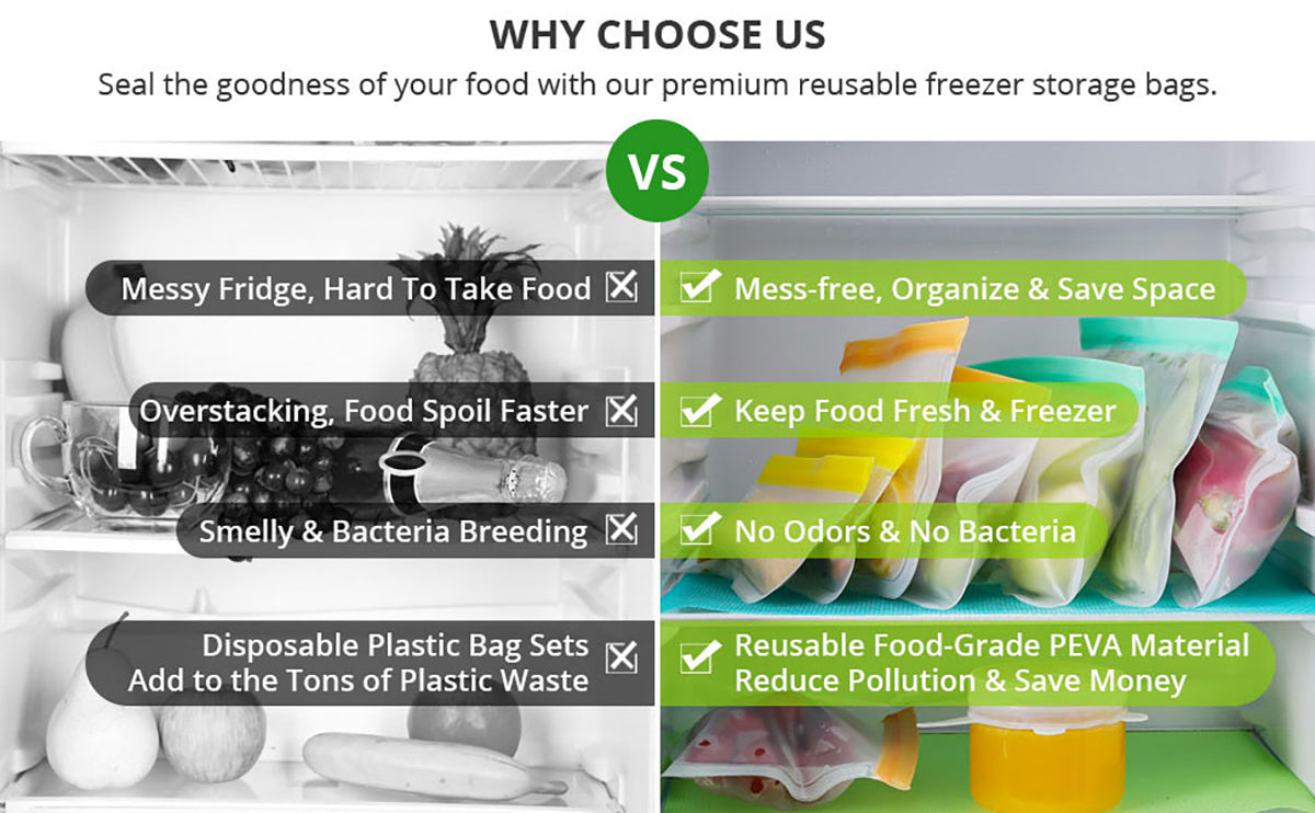 HOMGEN 26Pcs BPA Free PEVA Fridge Reusable Storage Bags