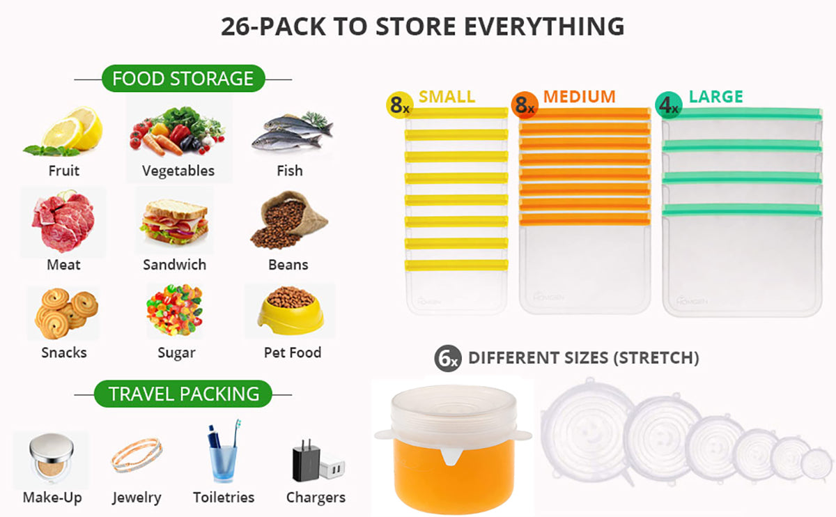 HOMGEN 26Pcs BPA Free PEVA Fridge Reusable Storage Bags