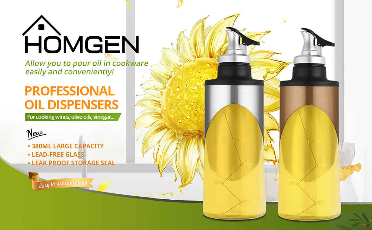 HOMGEN Popular 2Pcs 380ml Stainless Steel &Glass Oil Dispenser Bottles