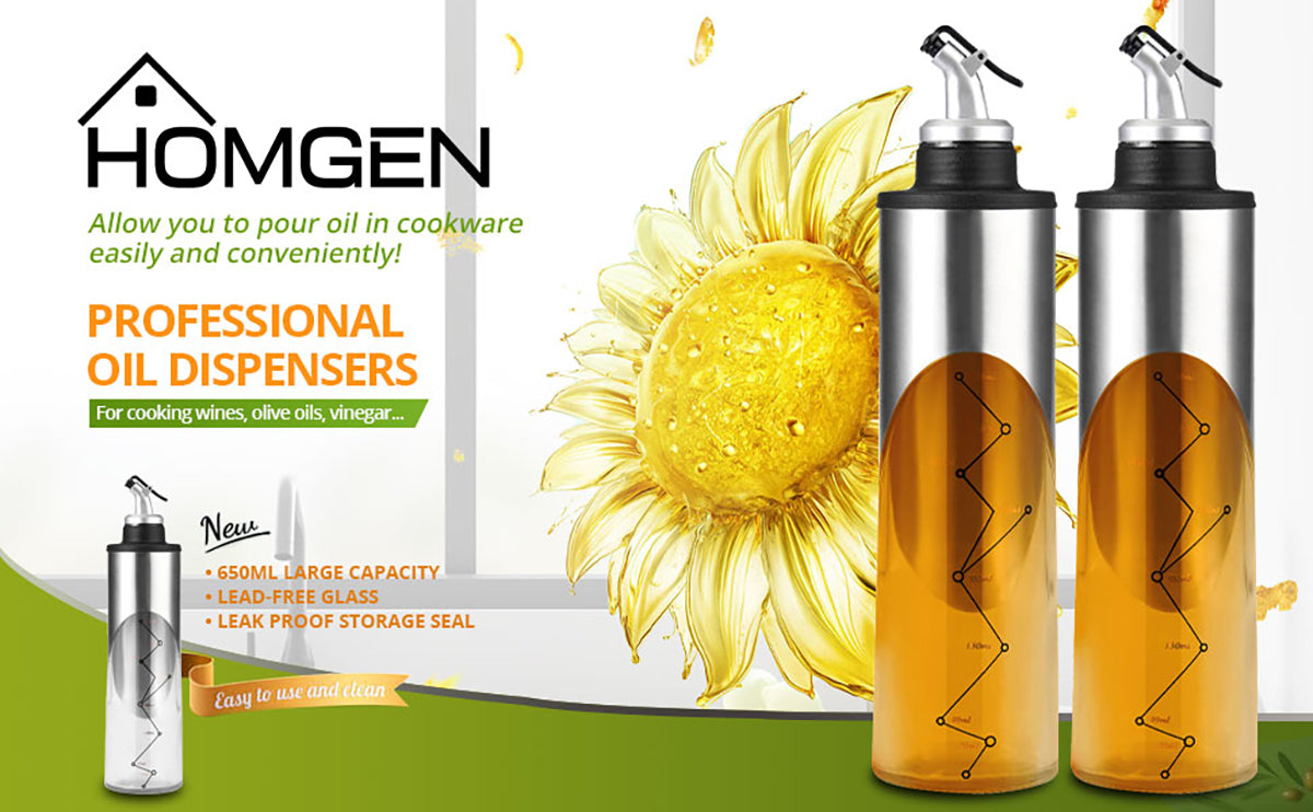 HOMGEN Popular 2Pcs 650ml Stainless Steel&Glass Oil Bottle