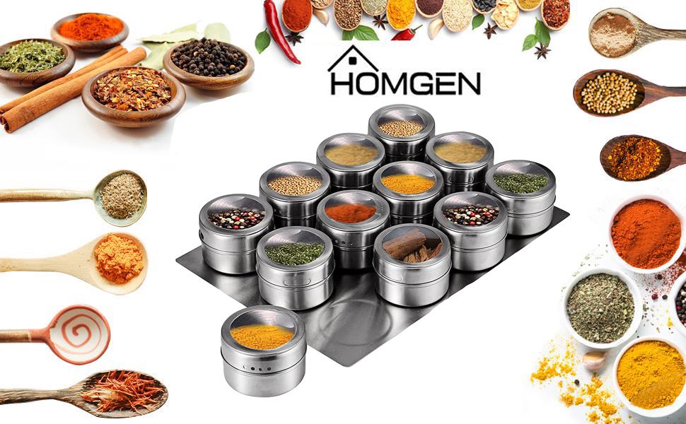 Homgen 12PCS Popular Stainless Steel Magnetic Spice Jars