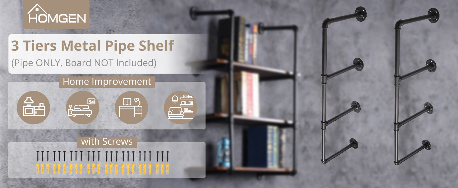 HOMGEN Popular 2PCS 3-Tier Industrial Pipe Wall Mounted Shelf Bracket ...