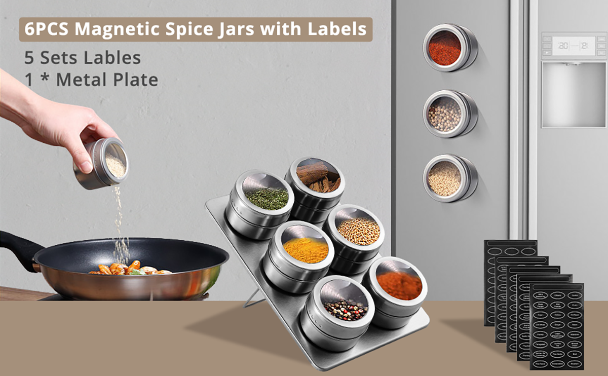 Homgen 6Pcs Magnetic Spice Jars with Labels