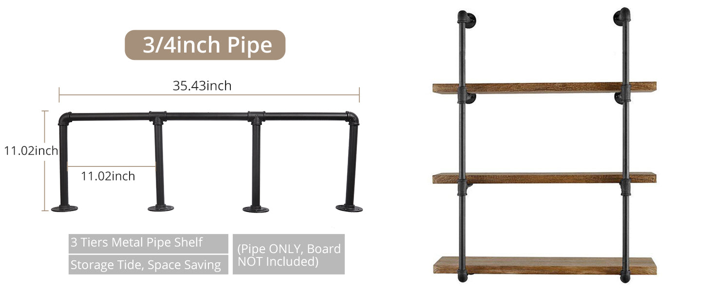 HOMGEN Popular 2PCS 3-Tier Industrial Pipe Wall Mounted Shelf Bracket etc-(No Board)