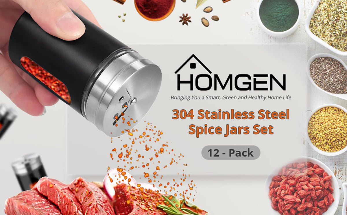 HOMGEN Popular 12pcs Stainless Steel Spice Jars Set