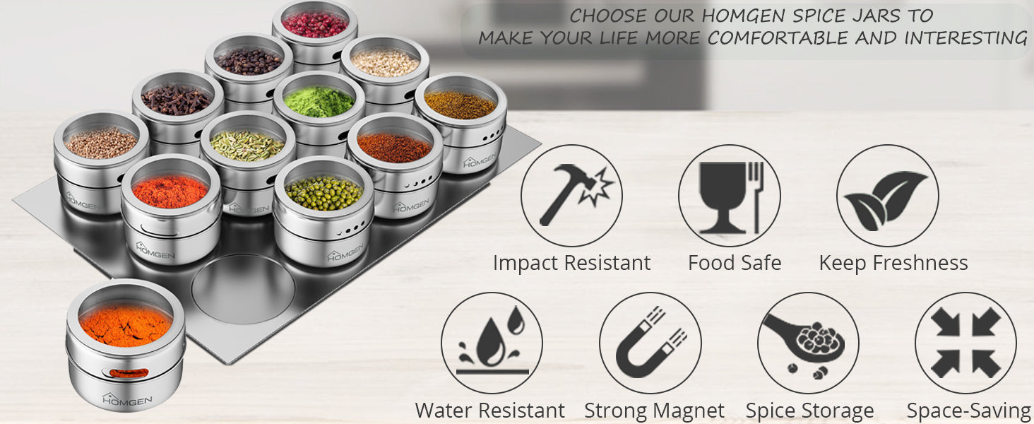 Homgen 12PCS Popular Stainless Steel Magnetic Spice Jars