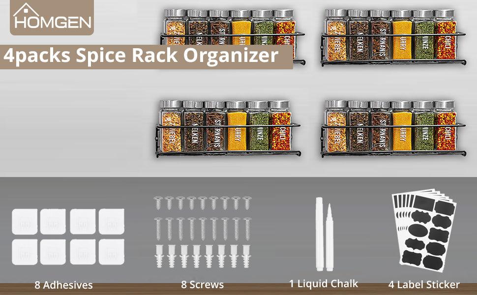 HOMGEN Popular 4Pcs Metal Spice Rack Organizer
