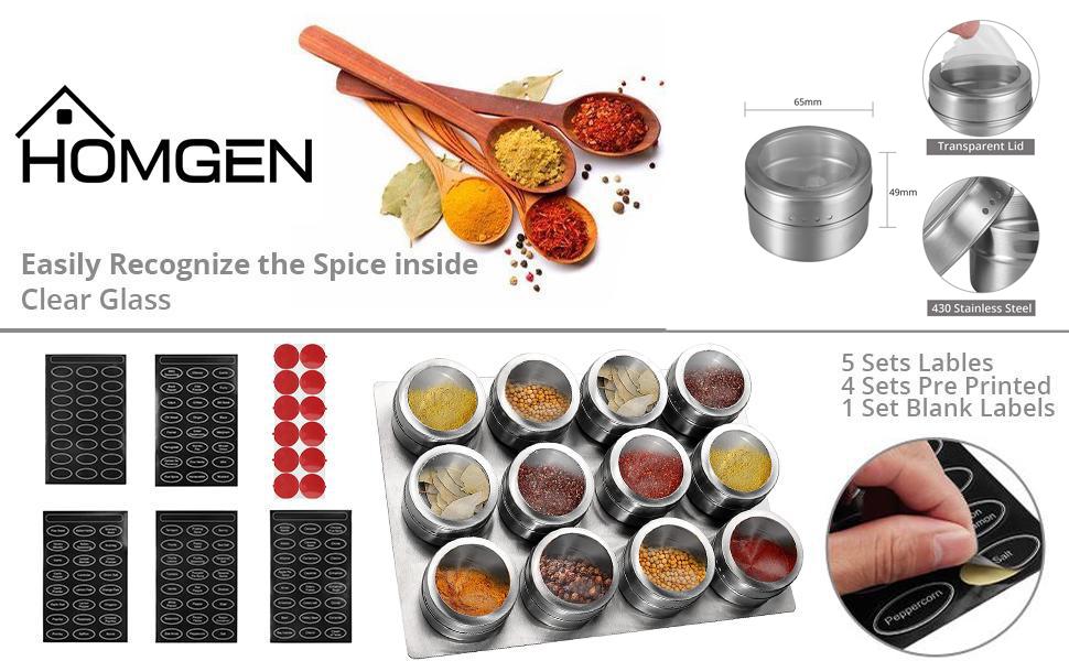 Homgen 12PCS Popular Stainless Steel Magnetic Spice Jars