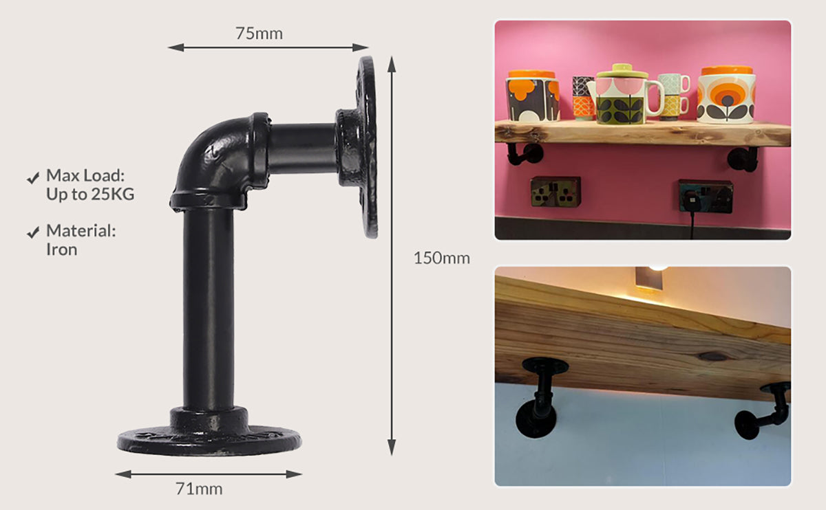 HOMGEN 2Pcs Industrial Pipe Floating Shelf Brackets (15 X 8 cm)