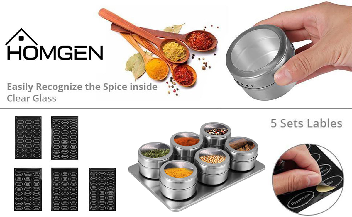 Homgen 6Pcs Magnetic Spice Jars with Labels