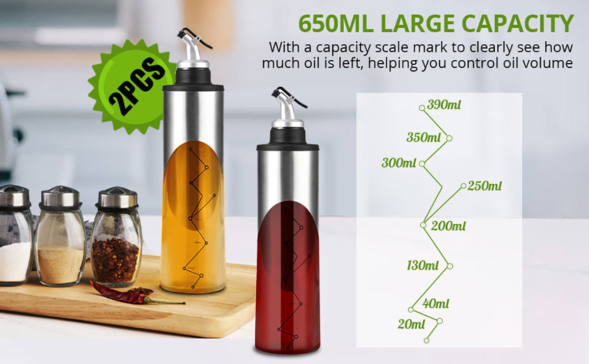 HOMGEN Popular 2Pcs 650ml Stainless Steel&Glass Oil Bottle