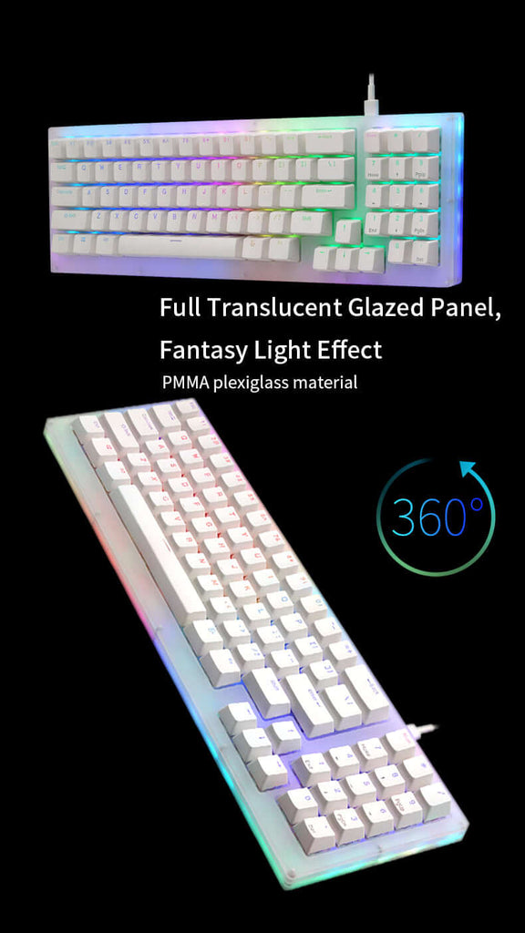The gamakay k77 75 percent mechanical keyboardCrafted from high-quality PMMA plexiglass material, the keyboard features a 360º full translucent glazed panel that showcases its stunning fantasy light effect