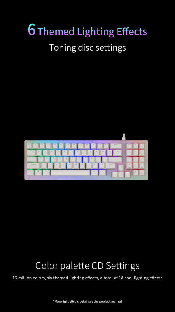 With six themed lighting effects and 16 million colors to choose from, you can customize your keyboard to suit your mood and gaming style. The fine CNC cutting panel ensures precision and quality, making this keyboard both durable and stylish.