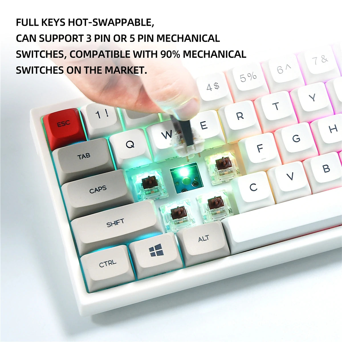 Customize your typing experience with hot-swappable keys that support 3-pin or 5-pin mechanical switches. The TK68 is compatible with 90% of mechanical switches on the market, making switch DIY a breeze.