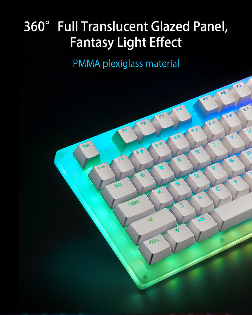 The PMMA plexiglass material used in the keyboard's construction allows for a 360º full translucent glazed panel, which creates a fantasy light effect that is sure to impress. The keyboard also has a full keyboard pluggable switch, allowing for easy DIY switch changes to customize your gaming experience