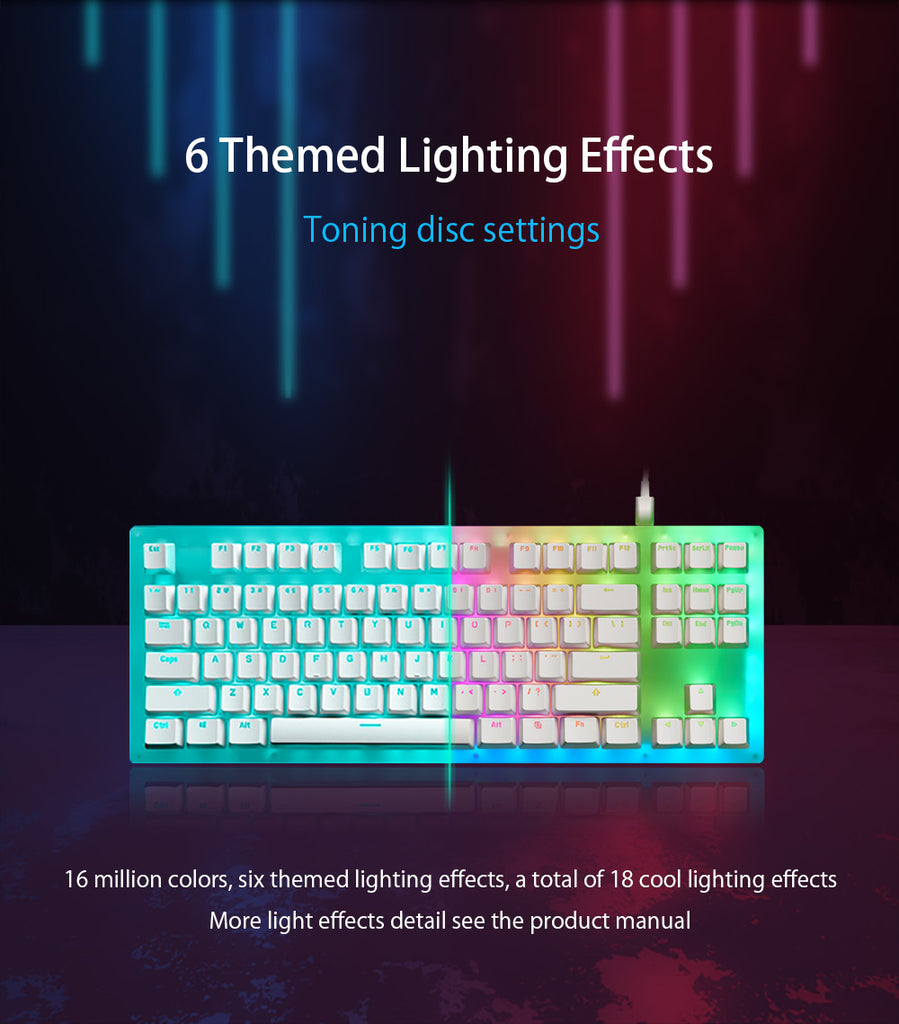 The gamakay K87 With six themed lighting effects and 16 million colors to choose from, you can customize your keyboard to suit your mood and gaming style.