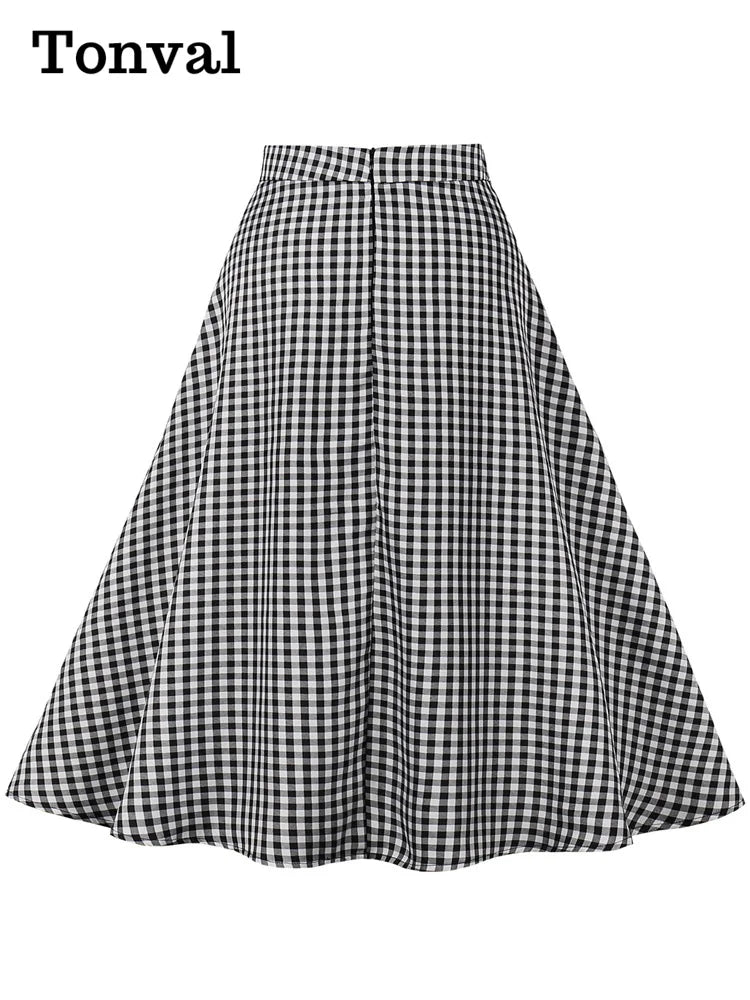 Tonval Black and White Plaid Double-Breasted Button Elegant Long Skirts for Women High Waist Midi Vintage A Line Skirt