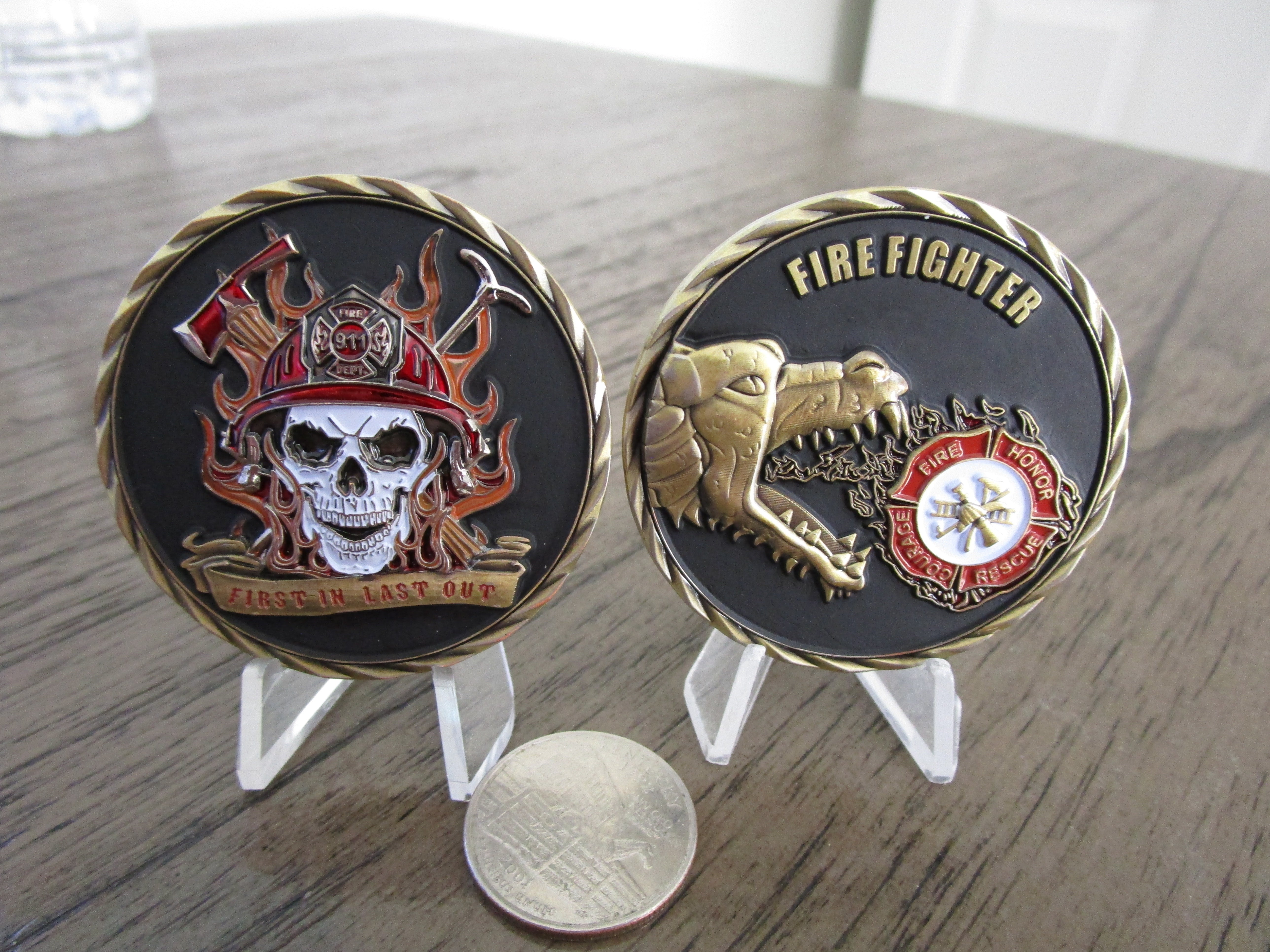 First In Last Out Fireman Skull First Responder Firefighter Challenge Coin