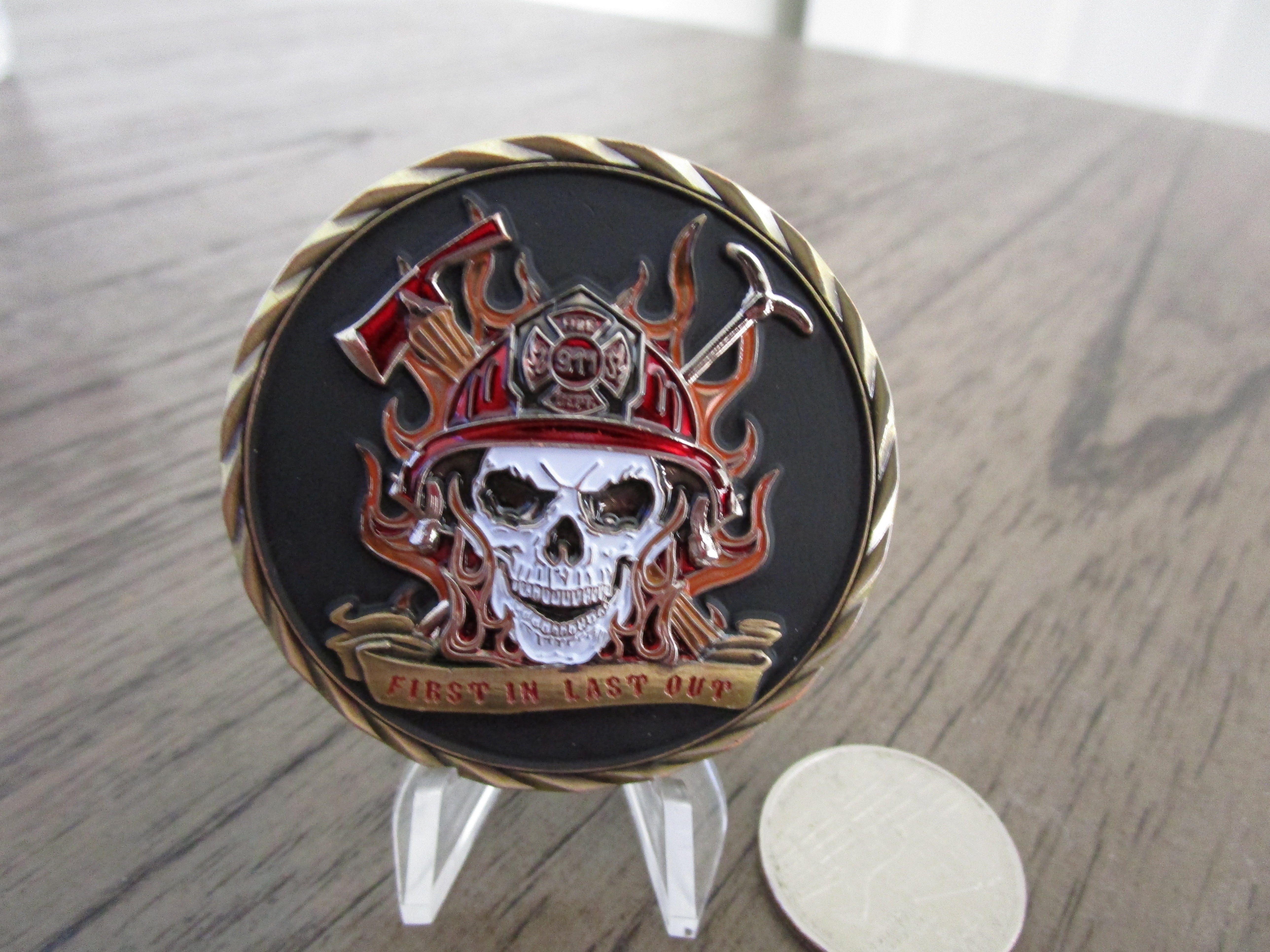 First In Last Out Fireman Skull First Responder Firefighter Challenge Coin