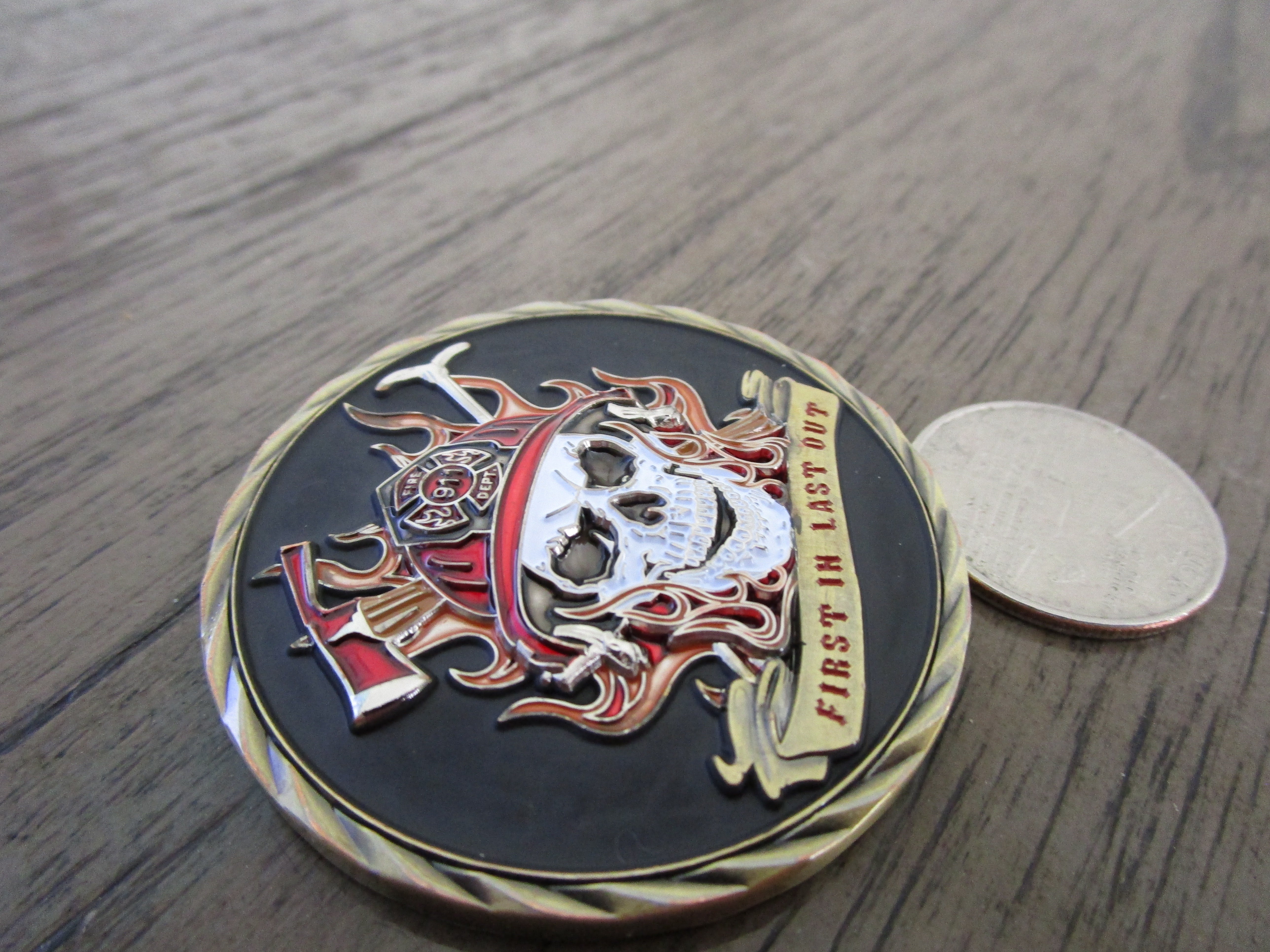 First In Last Out Fireman Skull First Responder Firefighter Challenge Coin
