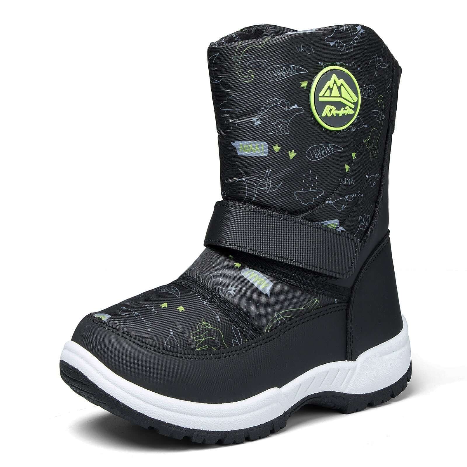 Green Dinosaur Warm Waterproof Black Snow Boots