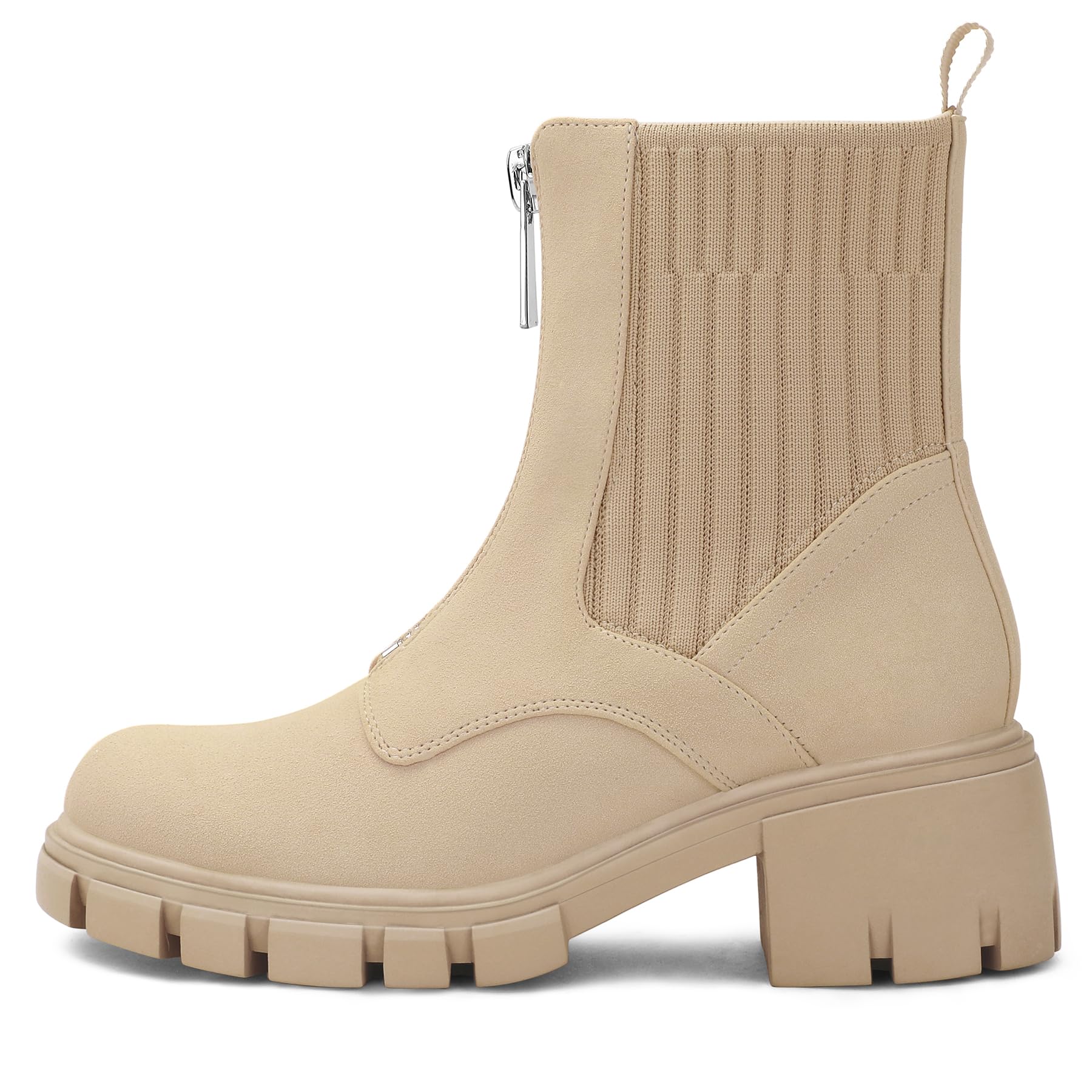 Front-Zip Knit Lug Sole Boots