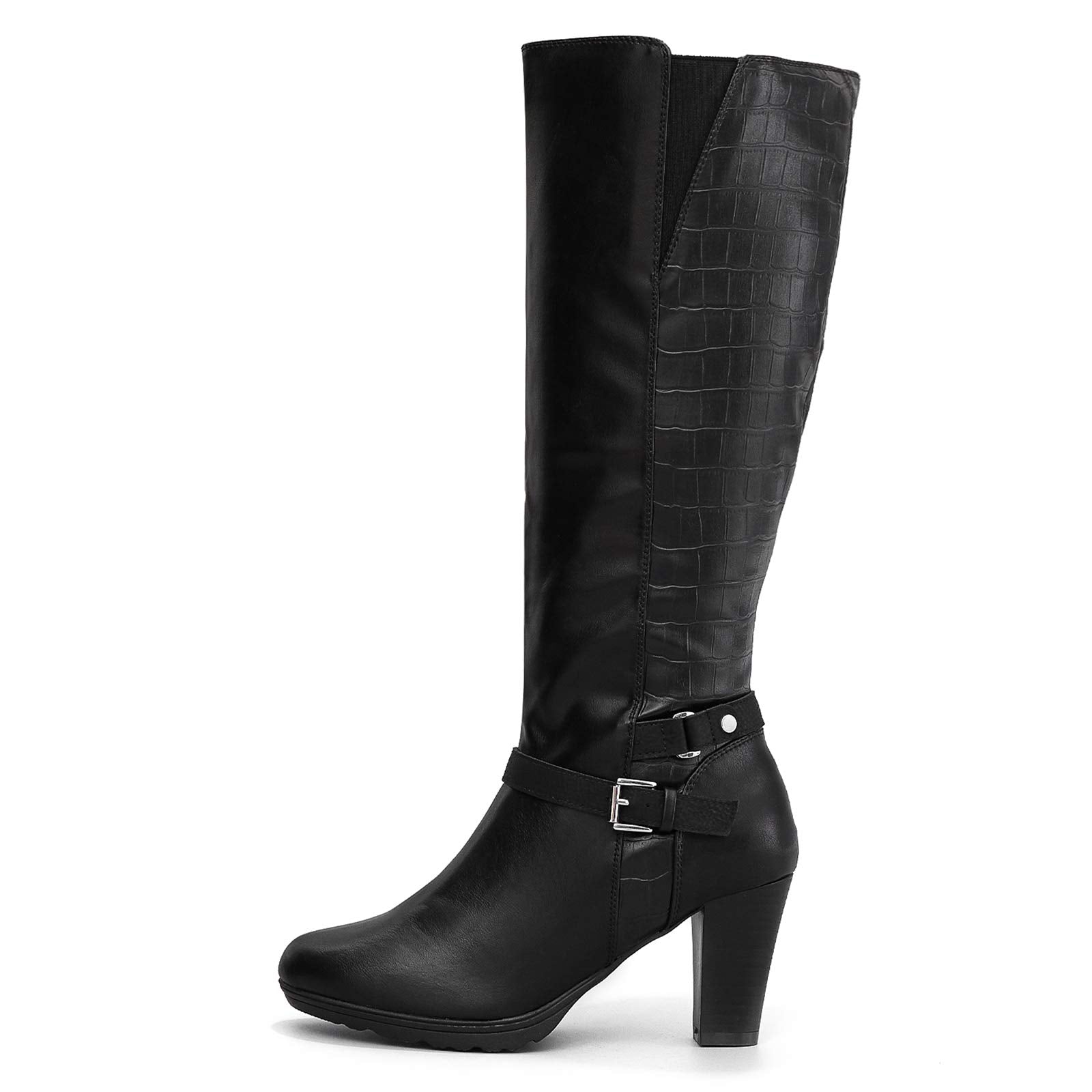 Black Croc Wide Calf Elasticated Knee High Boots