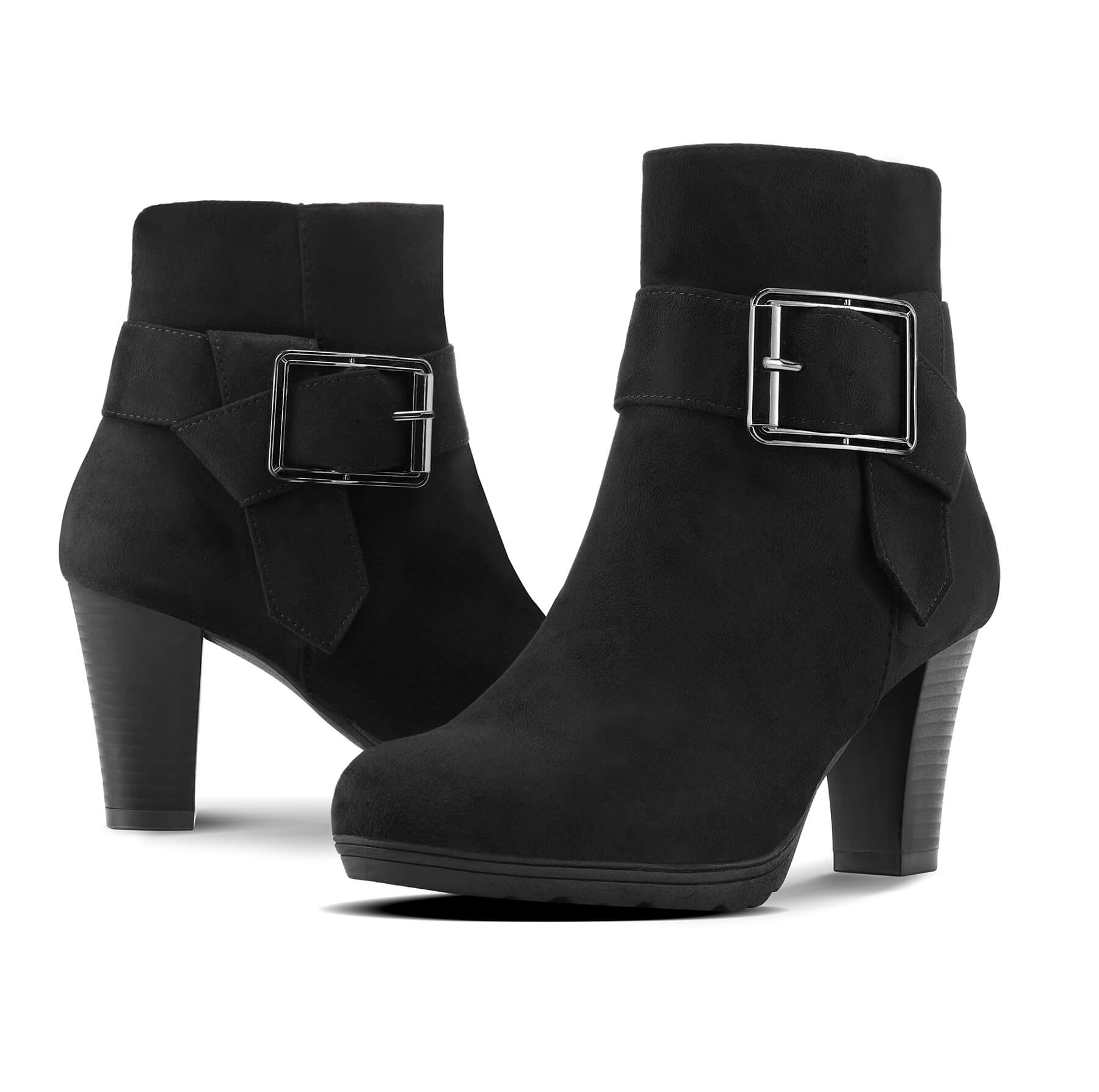 Block Heel Ankle Boots with Square Buckle Strap