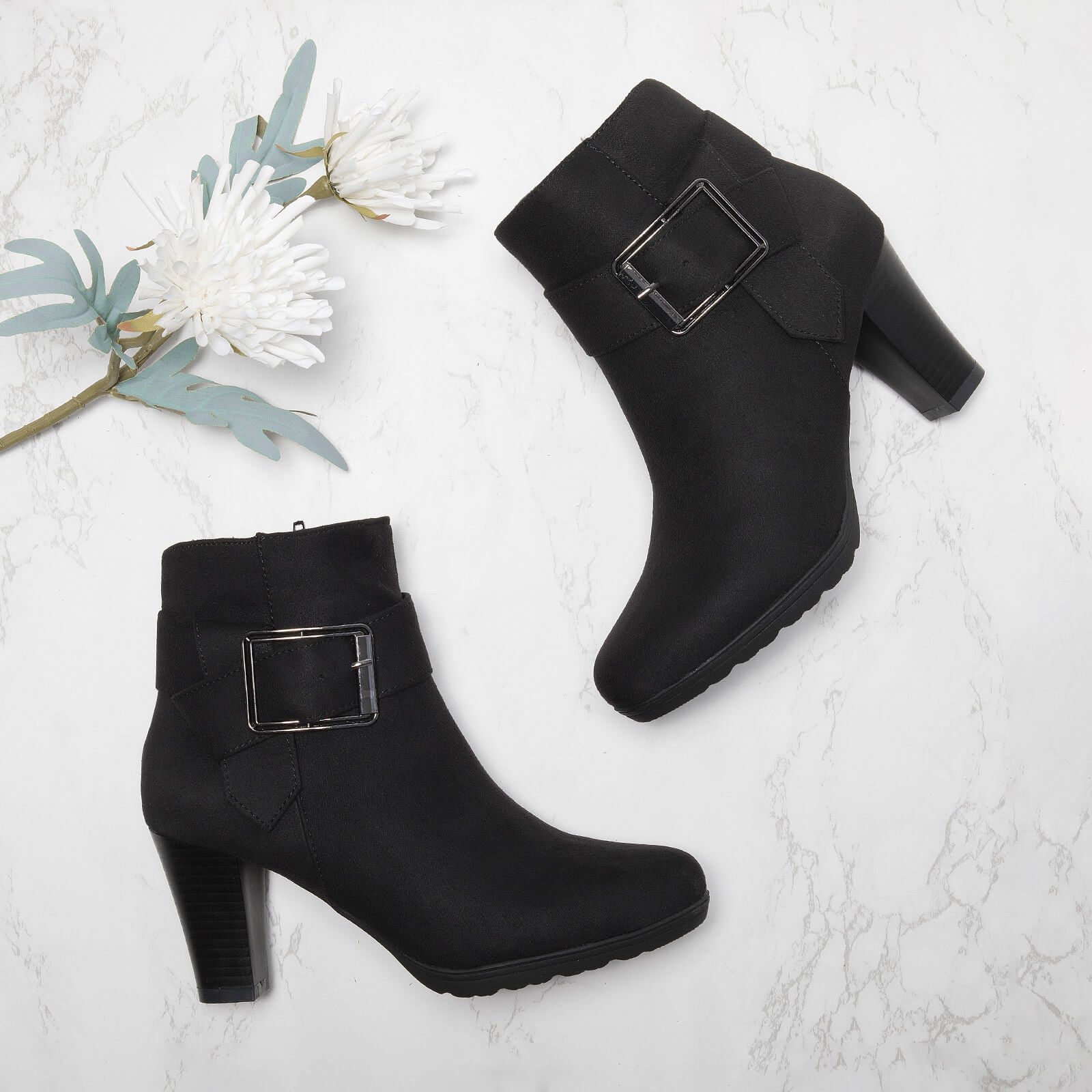 Block Heel Ankle Boots with Square Buckle Strap