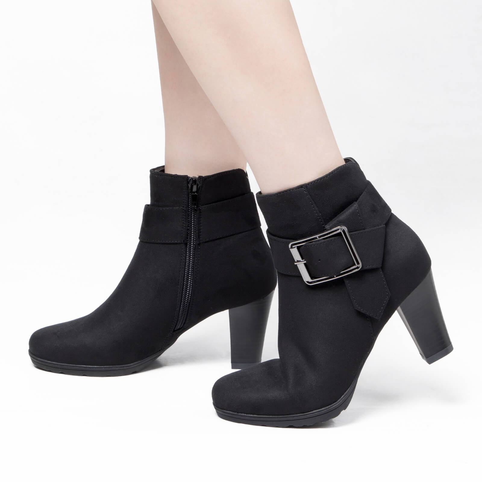 Block Heel Ankle Boots with Square Buckle Strap