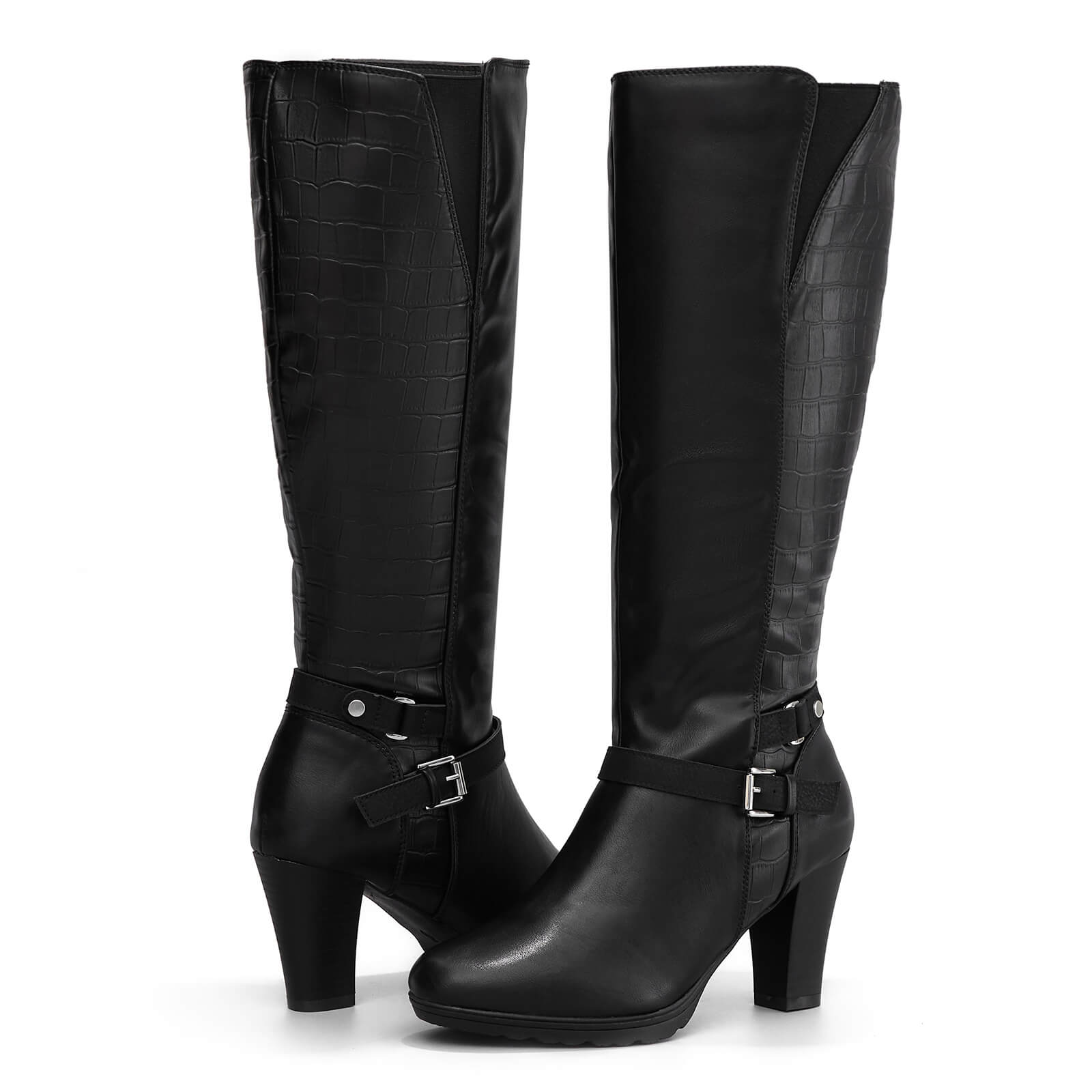 Black Croc Wide Calf Elasticated Knee High Boots