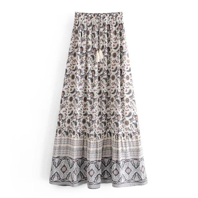 Bohemian Floral Hippie Fadal Casual Beachwear Rayon Cotton Tassel Maxi Skirts Women's Skirt