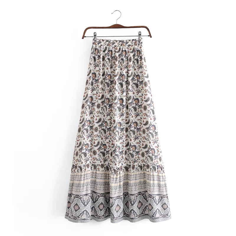 Bohemian Floral Hippie Fadal Casual Beachwear Rayon Cotton Tassel Maxi Skirts Women's Skirt