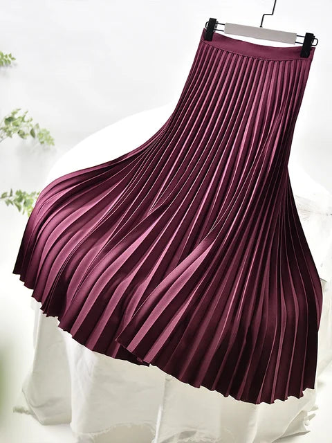 Volemo 2023 Women Spring Autumn Elegant Chic Solid Pleated Skirt High Waist Luxury Fashion with Elastic Female Long Skirts