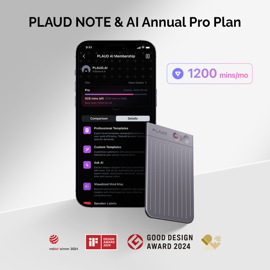 PLAUD NOTE &amp; AI Jaarlijks Pro Plan
