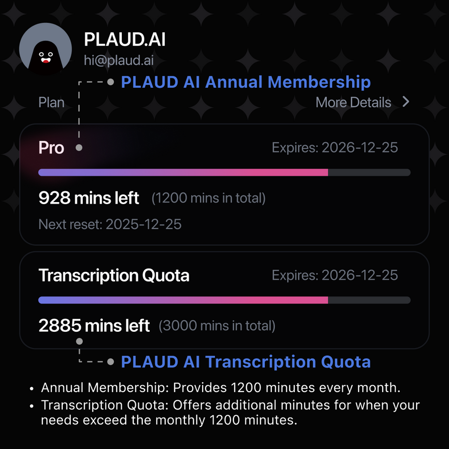 Cota de transcrição PLAUD AI (6000/3000/600 minutos) 

