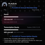 Cota de transcrição PLAUD AI (6000/3000/600 minutos) 
