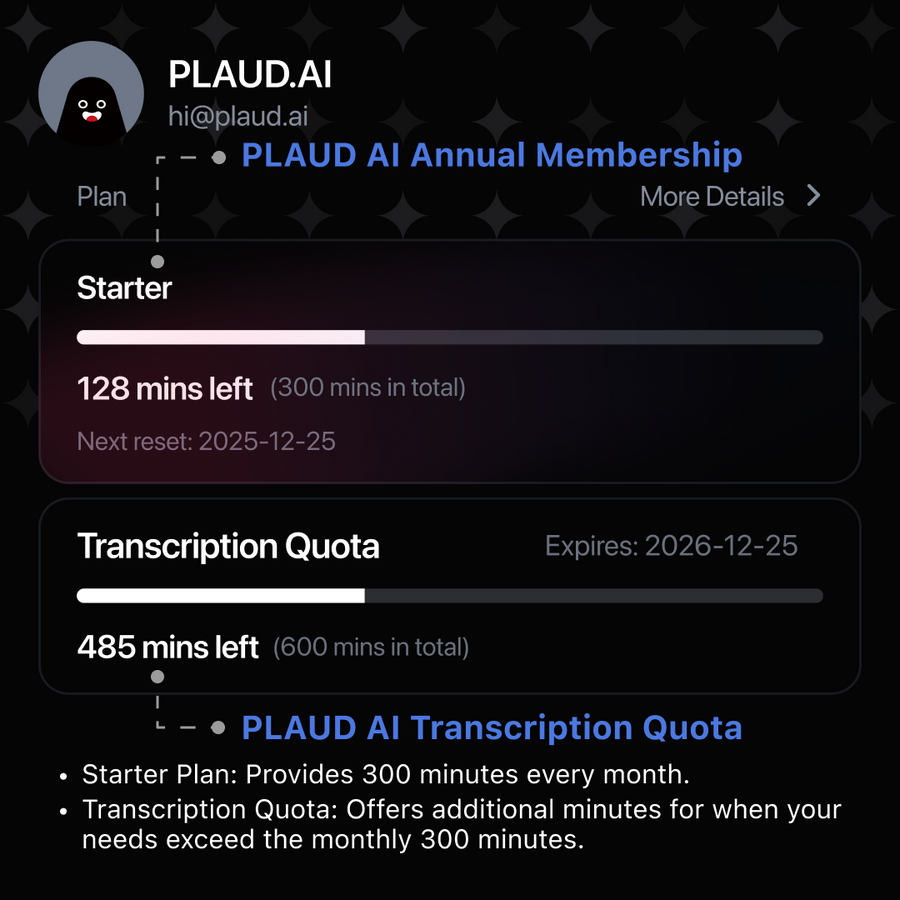 Cota de transcrição PLAUD AI (6000/3000/600 minutos) 
