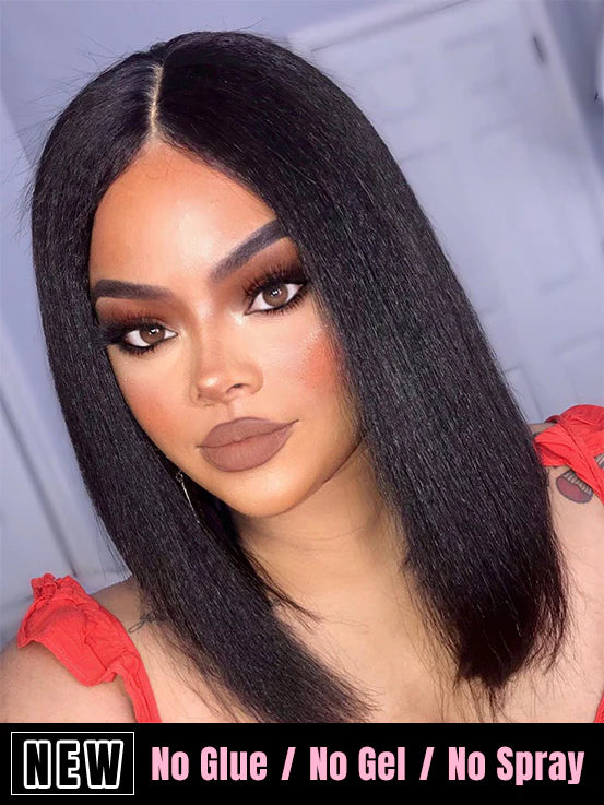 Wear & Go 6x4 HD Lace Kinky Straight Bob Human Hair Glueless Wig | Pre-bleached Knots