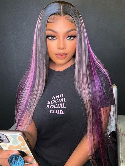 13x4 Lace Front Black & Purple & Pink Highlights Straight Human Hair Wigs