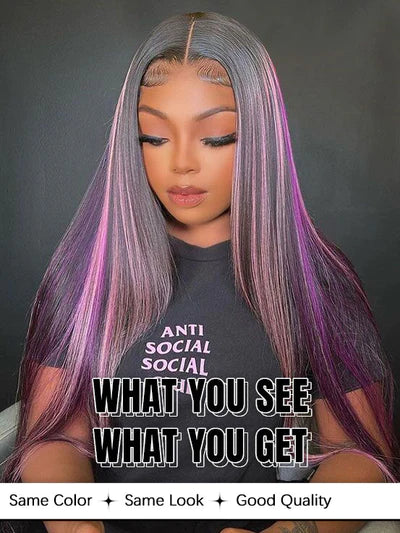 13x4 Lace Front Black & Purple & Pink Highlights Straight Human Hair Wigs